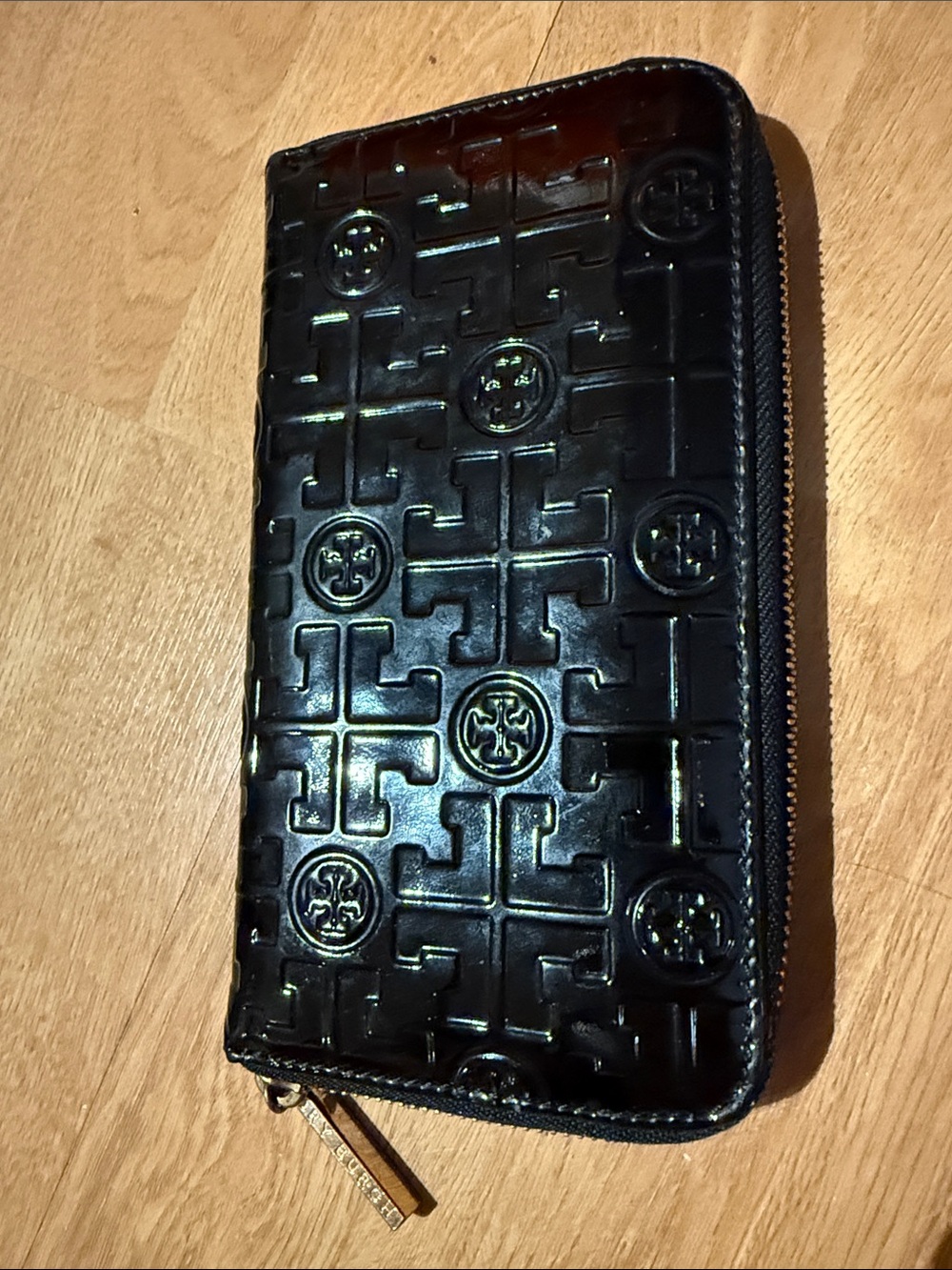 Tory Burch Black Quilted Logo Zip Wallet with Gold-Tone Zip